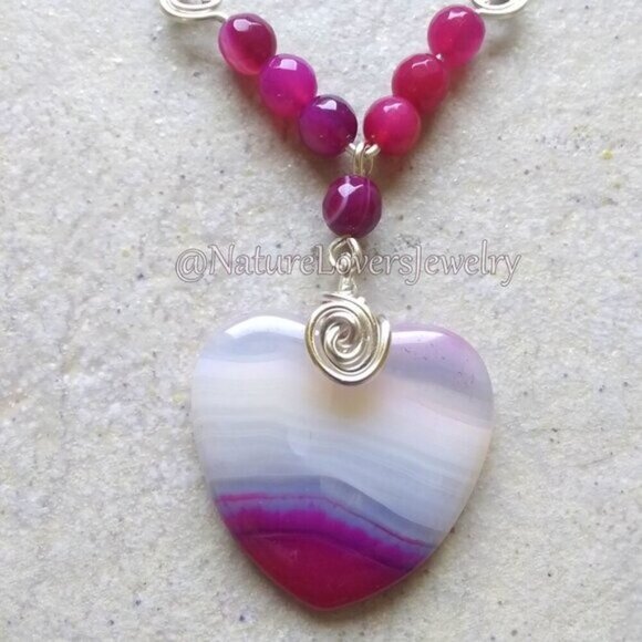 Sweetheart Alert! Rose Pink & White Agate Heart Necklace - Lovely Gift 4 Her! - Picture 2 of 8